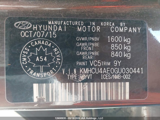 Aukcja sprzedaży 2016 Hyundai Accent Gls, vin: KMHCU4AE0GU030441, numer aukcji: 12608935