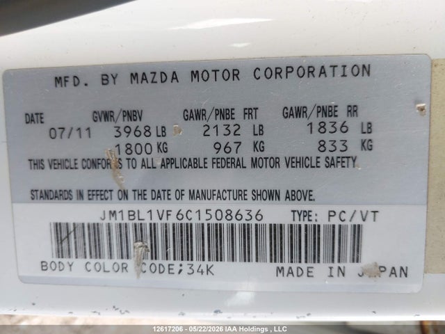 12617206 :رقم المزاد ، JM1BL1VF6C1508636 vin ، 2012 Mazda 3 I مزاد بيع