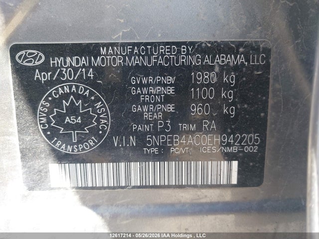 2014 Hyundai Sonata Gls მანქანა იყიდება აუქციონზე, vin: 5NPEB4AC0EH942205, აუქციონის ნომერი: 12617214