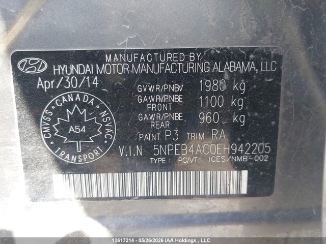 2014 Hyundai Sonata Gls მანქანა იყიდება აუქციონზე, vin: 5NPEB4AC0EH942205, აუქციონის ნომერი: 12617214