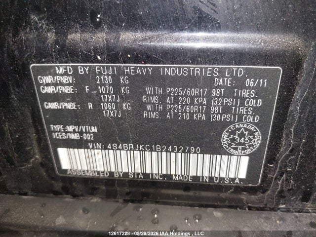 Продаж на аукціоні авто 2011 Subaru Outback 3.6r Limited, vin: 4S4BRJKC1B2432790, номер лоту: 12617228