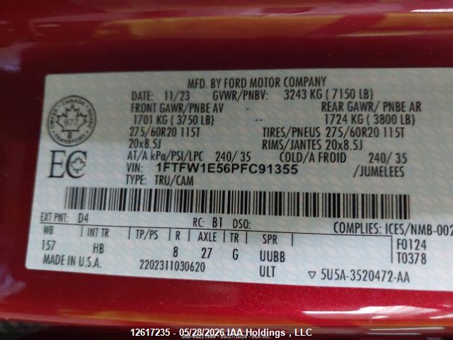 Auction sale of the 2023 Ford F150 Supercrew, vin: 1FTFW1E56PFC91355, lot number: 12617235