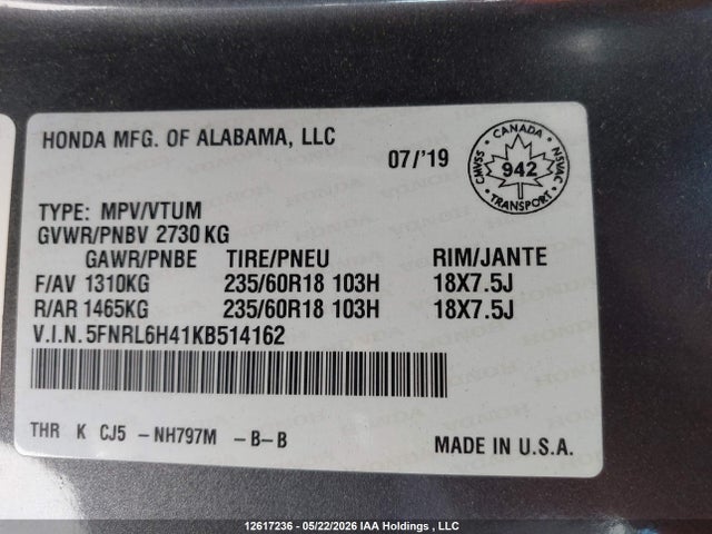 Продаж на аукціоні авто 2019 Honda Odyssey Ex, vin: 5FNRL6H41KB514162, номер лоту: 12617236