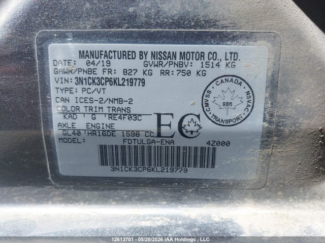 3N1CK3CP6KL219779 Nissan Micra S/sr/sv