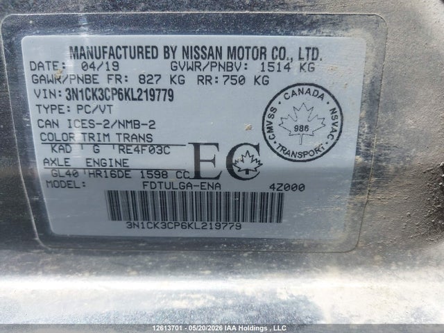 3N1CK3CP6KL219779 Nissan Micra S/sr/sv