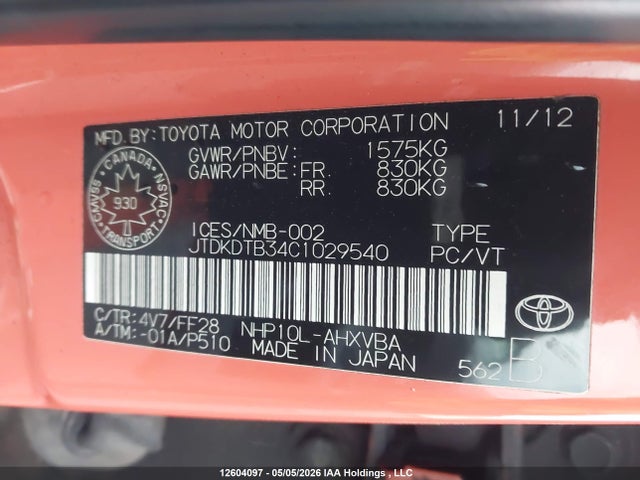 12604097 :رقم المزاد ، JTDKDTB34C1029540 vin ، 2012 Toyota Prius C Technology مزاد بيع