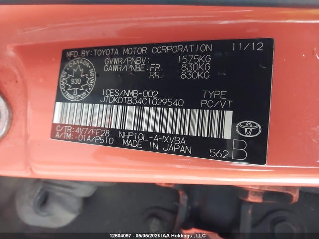 12604097 :رقم المزاد ، JTDKDTB34C1029540 vin ، 2012 Toyota Prius C Technology مزاد بيع