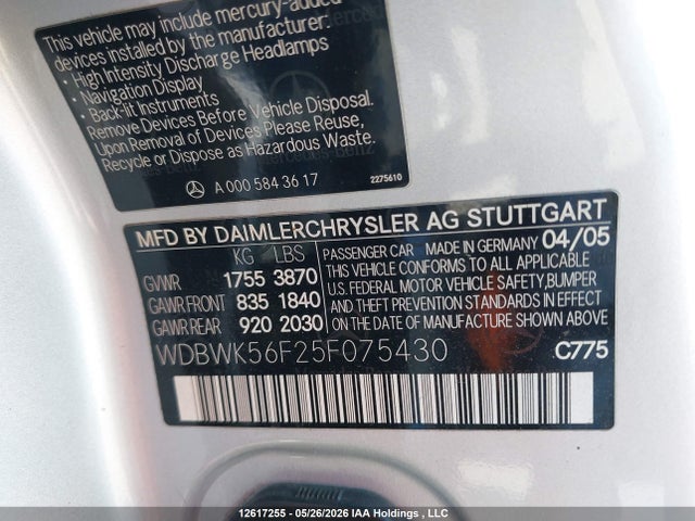 Продажа на аукционе авто 2005 Mercedes-benz Slk 350, vin: WDBWK56F25F075430, номер лота: 12617255