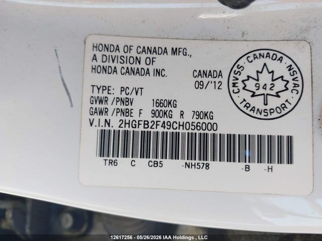Продаж на аукціоні авто 2012 Honda Civic, vin: 2HGFB2F49CH056000, номер лоту: 12617256