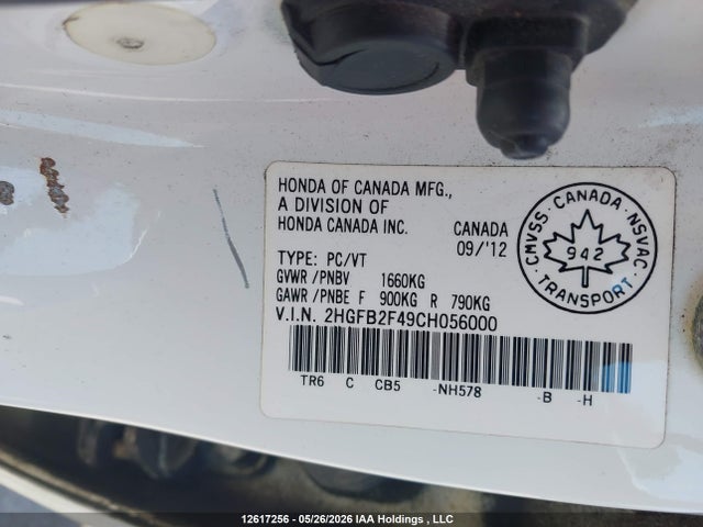Продаж на аукціоні авто 2012 Honda Civic, vin: 2HGFB2F49CH056000, номер лоту: 12617256