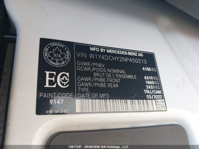 Продажа на аукционе авто 2022 Mercedes-benz Sprinter 2500, vin: W1Y4DCHY2NP450213, номер лота: 12617257