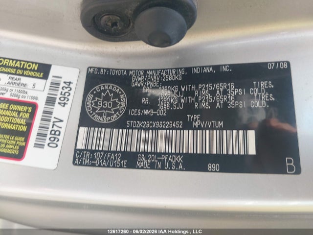 Aukcja sprzedaży 2009 Toyota Sienna, vin: 5TDZK29CX9S229452, numer aukcji: 12617260