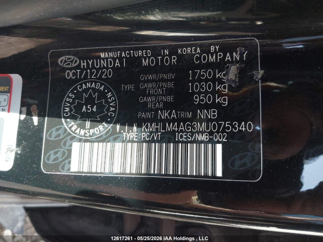 12617261 :رقم المزاد ، KMHLM4AG3MU075340 vin ، 2021 Hyundai Elantra Sel مزاد بيع