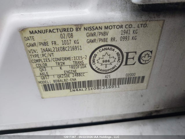 12617267 :رقم المزاد ، 1N4AL21E08C216951 vin ، 2008 Nissan Altima 2.5/2.5s مزاد بيع
