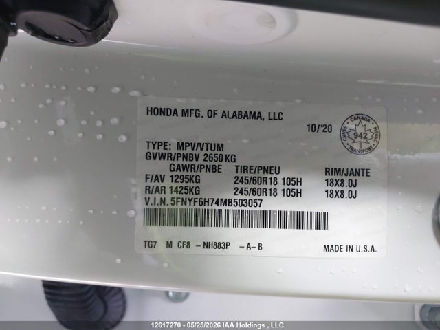 Продаж на аукціоні авто 2021 Honda Pilot Ex-l Navi, vin: 5FNYF6H74MB503057, номер лоту: 12617270