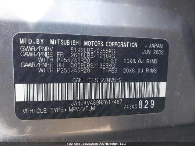 Продажа на аукционе авто 2022 Mitsubishi Outlander Gt/gt Premium, vin: JA4J4VA89NZ617467, номер лота: 12617288