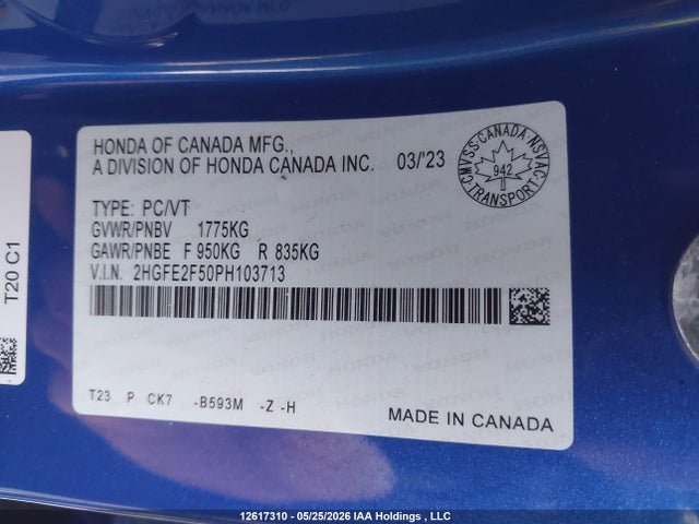 Продаж на аукціоні авто 2023 Honda Civic Sedan, vin: 2HGFE2F50PH103713, номер лоту: 12617310