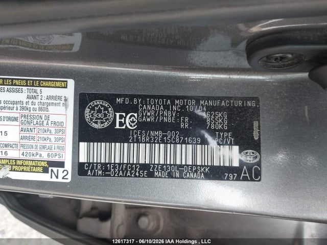 Auction sale of the 2005 Toyota Corolla Ce/le/s, vin: 2T1BR32E15C871639, lot number: 12617317