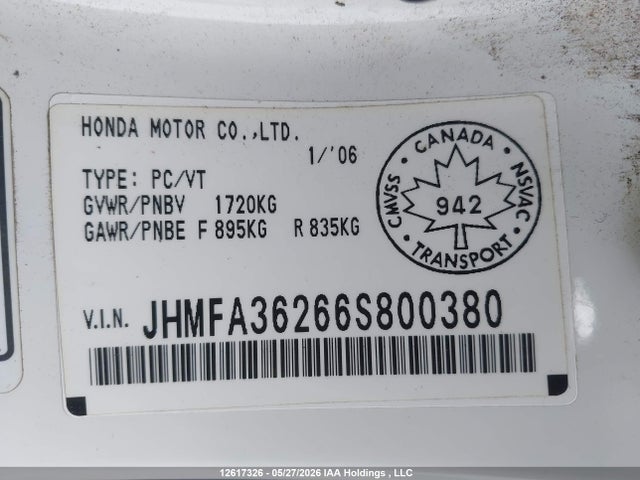12617326 :رقم المزاد ، JHMFA36266S800380 vin ، 2006 Honda Civic Hybrid مزاد بيع