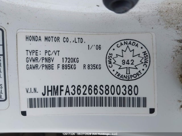 12617326 :رقم المزاد ، JHMFA36266S800380 vin ، 2006 Honda Civic Hybrid مزاد بيع