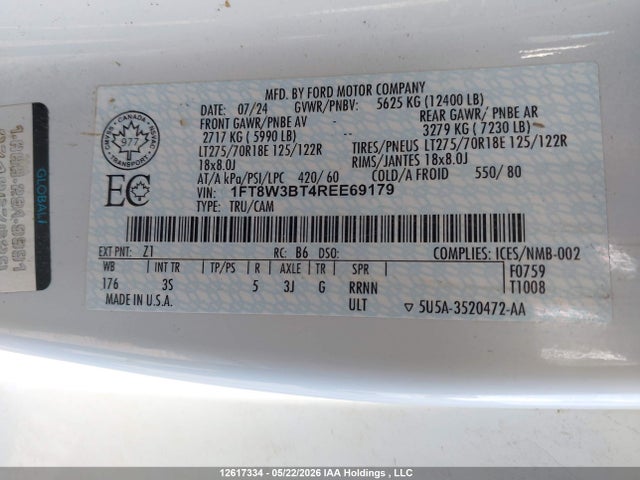 Aukcja sprzedaży 2024 Ford F350 Super Duty, vin: 1FT8W3BT4REE69179, numer aukcji: 12617334
