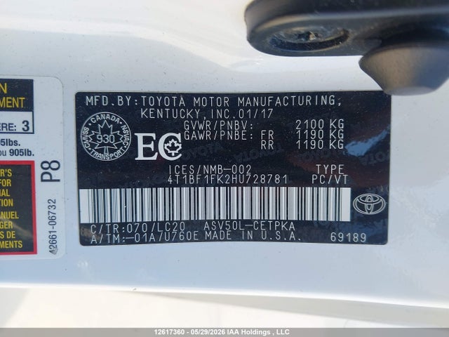 12617360 :رقم المزاد ، 4T1BF1FK2HU728781 vin ، 2017 Toyota Camry Xse مزاد بيع