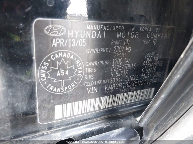 Продаж на аукціоні авто 2005 Hyundai Santa Fe Gl V6, vin: KM8SB13DX5U011204, номер лоту: 12617361