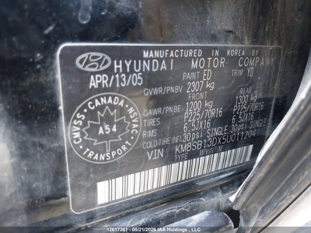 Продаж на аукціоні авто 2005 Hyundai Santa Fe Gl V6, vin: KM8SB13DX5U011204, номер лоту: 12617361