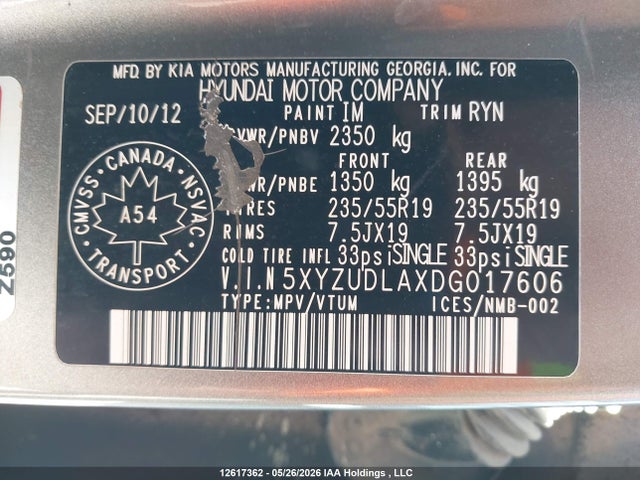 12617362 :رقم المزاد ، 5XYZUDLAXDG017606 vin ، 2013 Hyundai Santa Fe Sport 2.0t Se مزاد بيع