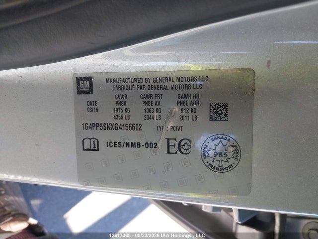 12617365 :رقم المزاد ، 1G4PP5SKXG4156602 vin ، 2016 Buick Verano مزاد بيع