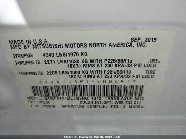 12617376 :رقم المزاد ، 4A4AJ4AW1FE608819 vin ، 2015 Mitsubishi Rvr Gt مزاد بيع
