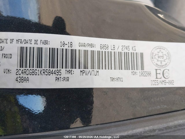 Продажа на аукционе авто 2019 Dodge Grand Caravan Cvp/sxt, vin: 2C4RDGBG1KR584495, номер лота: 12617398