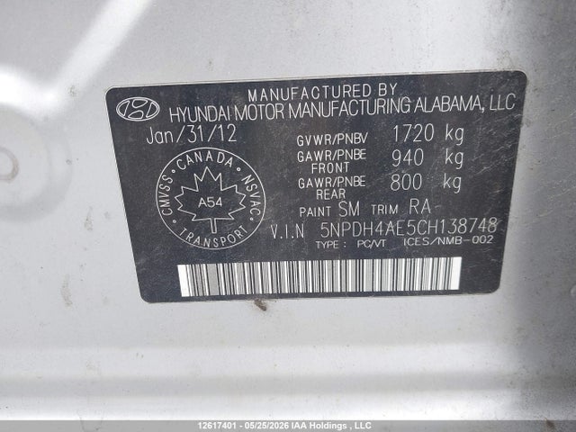 2012 Hyundai Elantra Gls მანქანა იყიდება აუქციონზე, vin: 5NPDH4AE5CH138748, აუქციონის ნომერი: 12617401