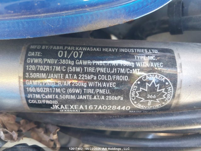 Aukcja sprzedaży 2007 Kawasaki Ex650 A, vin: JKAEXEA167A028440, numer aukcji: 12617402