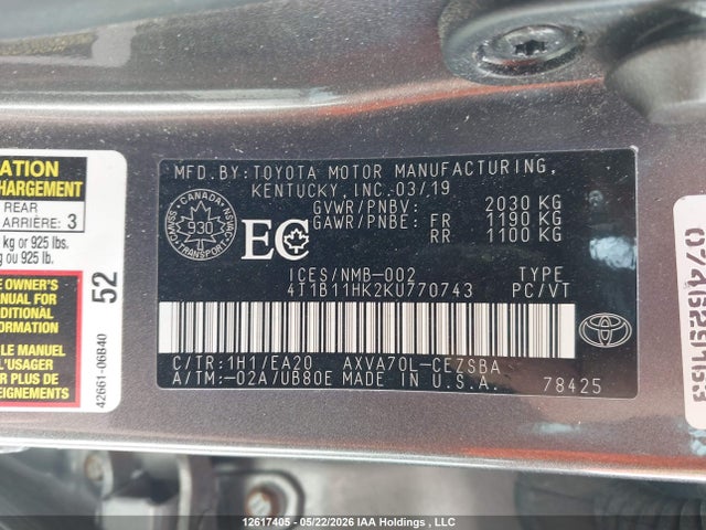 2019 Toyota Camry Se მანქანა იყიდება აუქციონზე, vin: 4T1B11HK2KU770743, აუქციონის ნომერი: 12617405