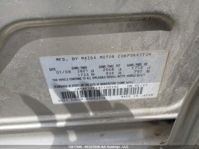 2008 Mazda Mazda3 Gs/gx მანქანა იყიდება აუქციონზე, vin: JM1BK32FX81100392, აუქციონის ნომერი: 12617408