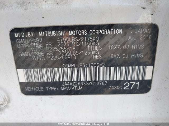 2016 Mitsubishi Outlander Es მანქანა იყიდება აუქციონზე, vin: JA4AZ2A33GZ612787, აუქციონის ნომერი: 12617415