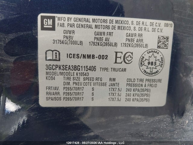 Aukcja sprzedaży 2011 Chevrolet Silverado 1500 Lt, vin: 3GCPKSEA3BG115406, numer aukcji: 12617428