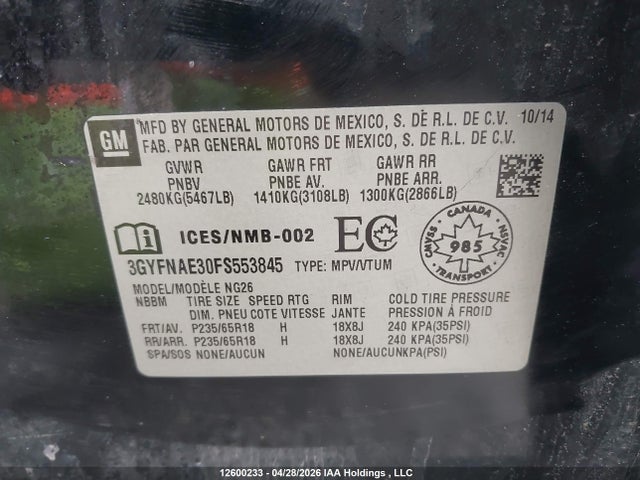 Продажа на аукционе авто 2015 Cadillac Srx V6 4dr 2wd, vin: 3GYFNAE30FS553845, номер лота: 12600233