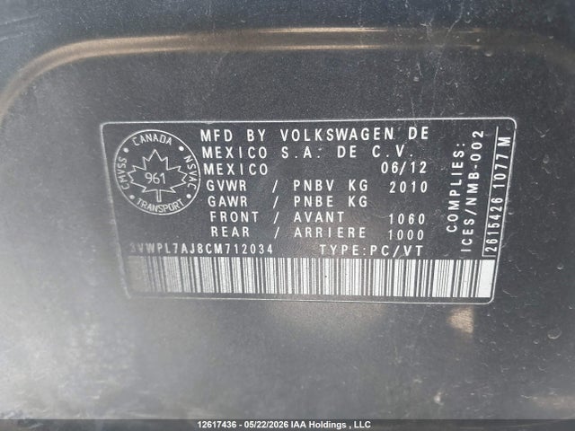 2012 Volkswagen Jetta Tdi მანქანა იყიდება აუქციონზე, vin: 3VWPL7AJ8CM712034, აუქციონის ნომერი: 12617436