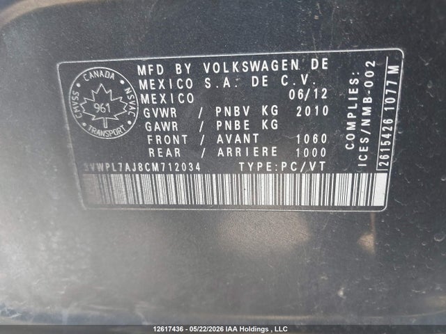 2012 Volkswagen Jetta Tdi მანქანა იყიდება აუქციონზე, vin: 3VWPL7AJ8CM712034, აუქციონის ნომერი: 12617436