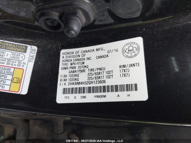 12617441 :رقم المزاد ، 2HKRM4H52GH123606 vin ، 2016 Honda Cr-v Ex مزاد بيع