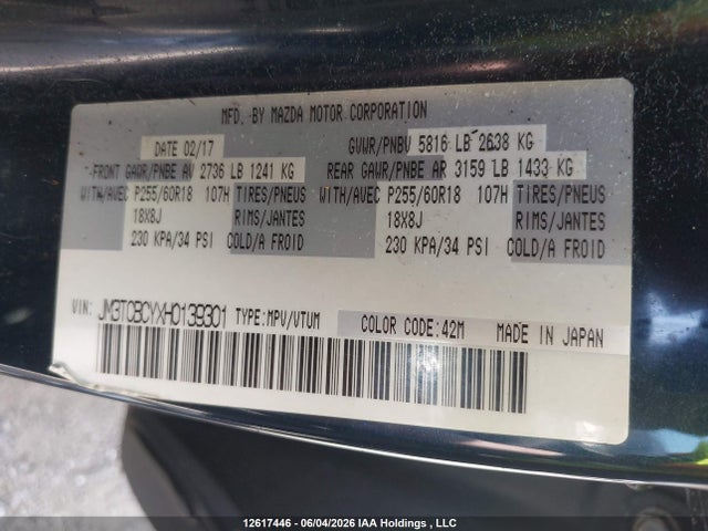 Mazda Cx-9 Gs-l 2017 JM3TCBCYXH0139301 Image 9