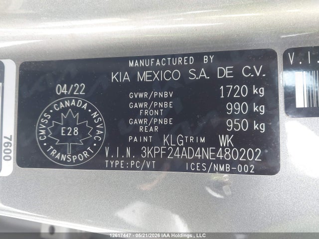 Aukcja sprzedaży 2022 Kia Forte Lx, vin: 3KPF24AD4NE480202, numer aukcji: 12617447