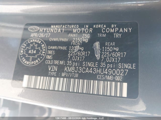 12617450 :رقم المزاد ، KM8J3CA43HU490027 vin ، 2017 Hyundai Tucson Limited/sport And Eco/se مزاد بيع