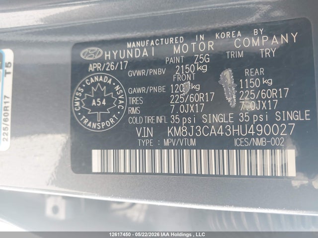 12617450 :رقم المزاد ، KM8J3CA43HU490027 vin ، 2017 Hyundai Tucson Limited/sport And Eco/se مزاد بيع
