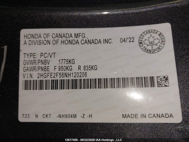 Aukcja sprzedaży 2022 Honda Civic, vin: 2HGFE2F56NH120206, numer aukcji: 12617458