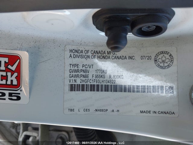 2020 Honda Civic მანქანა იყიდება აუქციონზე, vin: 2HGFC1F93LH104822, აუქციონის ნომერი: 12617460