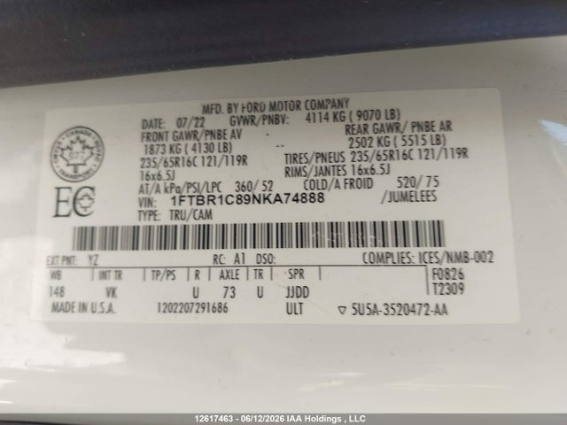 12617463 :رقم المزاد ، 1FTBR1C89NKA74888 vin ، 2022 Ford Transit-250 Cargo مزاد بيع