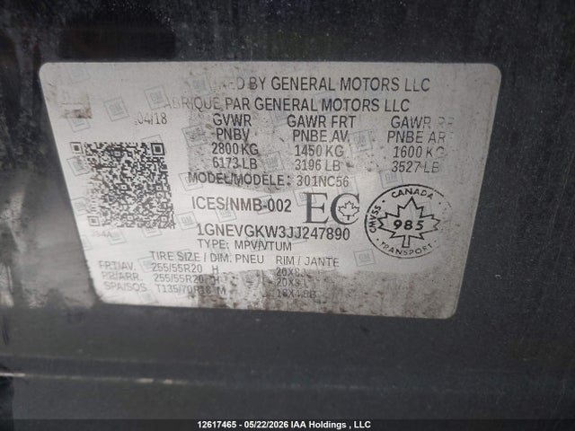 12617465 :رقم المزاد ، 1GNEVGKW3JJ247890 vin ، 2018 Chevrolet Traverse Lt Cloth مزاد بيع